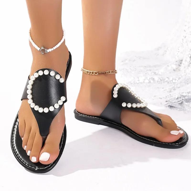 Fashion Plus Size 2025 Summer New Women's Flip Flops Slippers Outdoor Low Heel String Bead Sandals High Quality Daily Beach Slippers