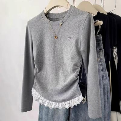 Women's Spring Grey Heart Embroidery Lace Trim Long Sleeve Top