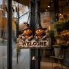 Rustic Holiday Door Sign Halloween Wooden Welcome Hanging Sign, Vintage Farmhouse Hanger with Skeleton Pumpkin Seasonal Window Ornament Ghost,