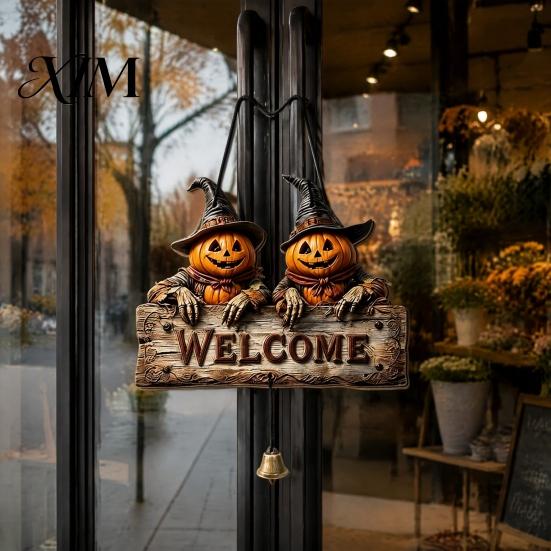 Rustic Holiday Door Sign Halloween Wooden Welcome Hanging Sign, Vintage Farmhouse Hanger with Skeleton Pumpkin Seasonal Window Ornament Ghost,