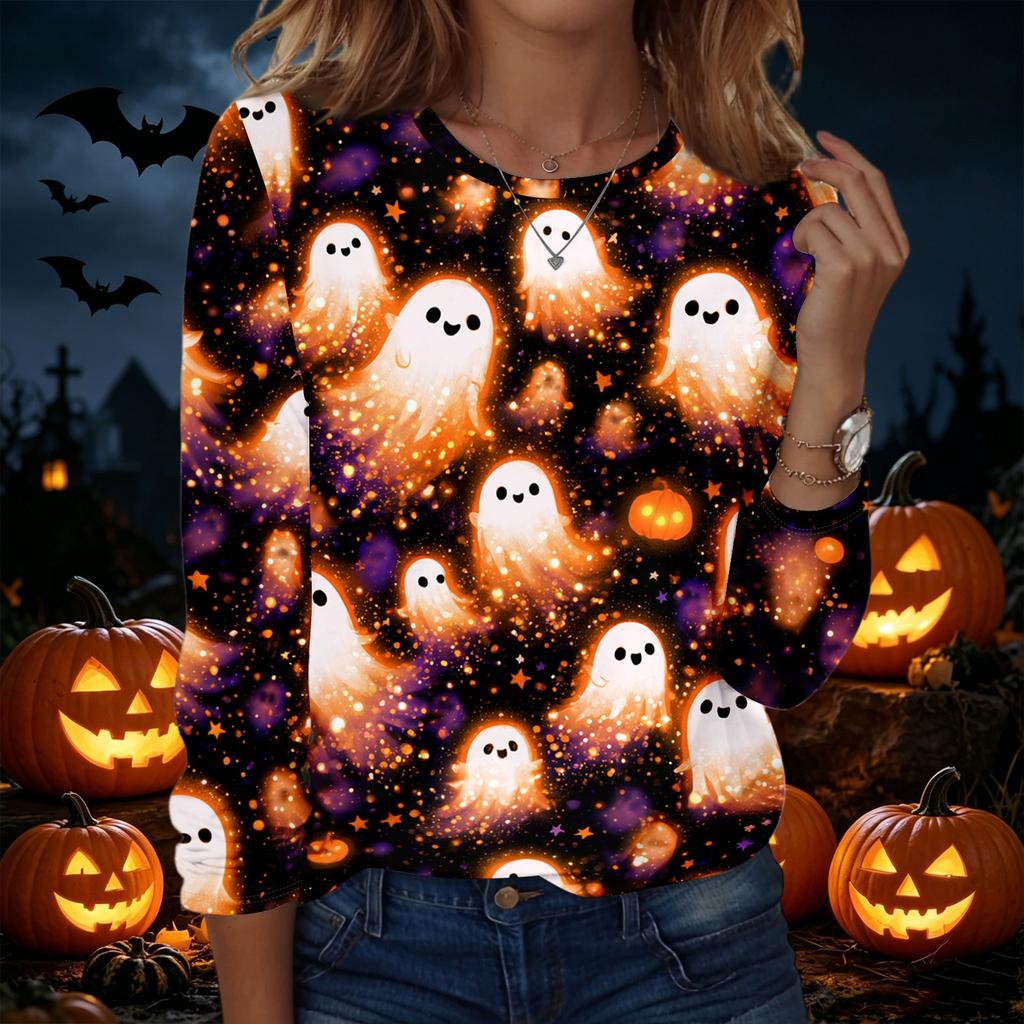 Women's Casual Long Sleeve Crew Neck Sweatshirt Halloween Print Pullover Top Lightweight Comfortable Fit for Everyday Wear