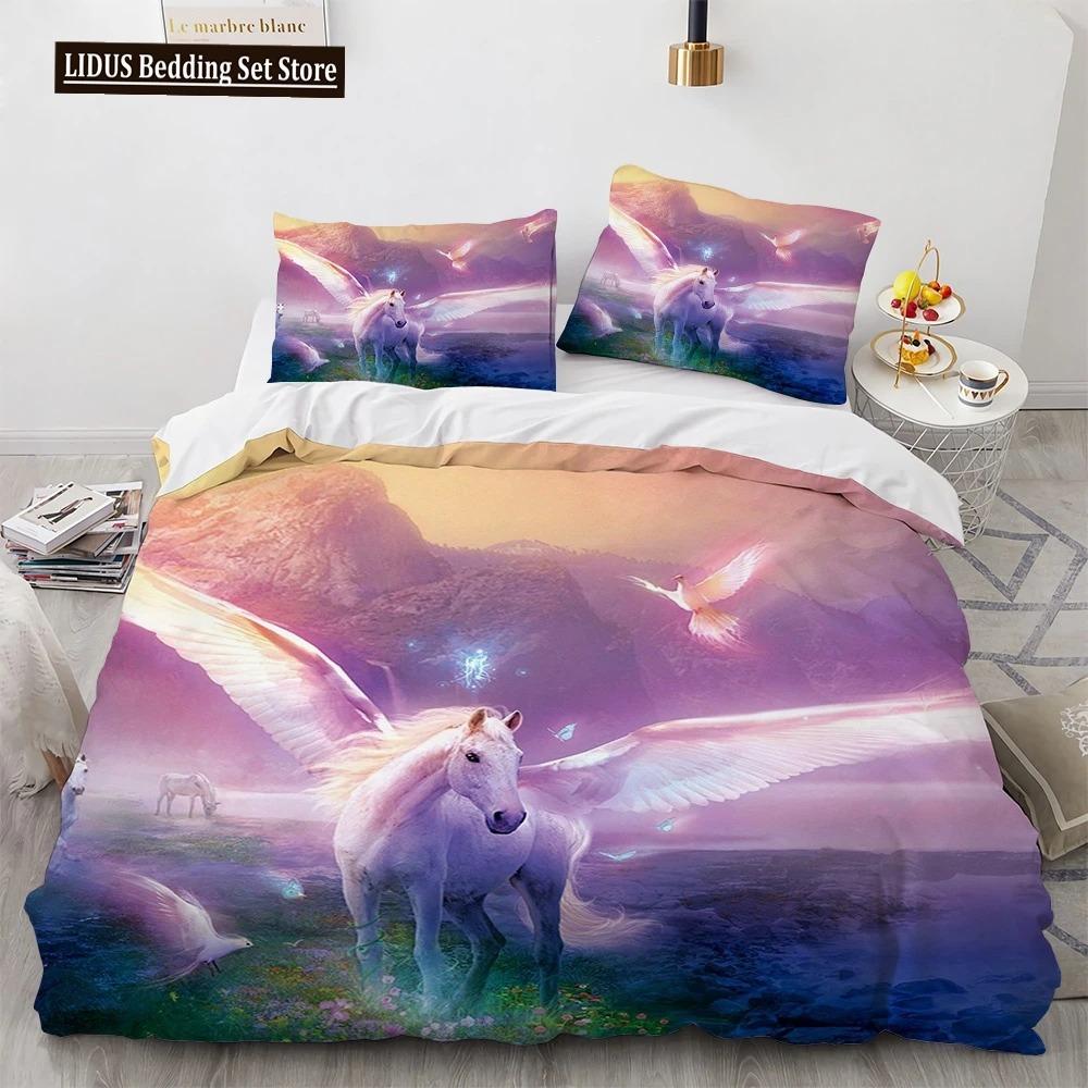 Unicorn Beding Set 3D Print White Horse Soft Duvet Cover Set Pink Background King Quen Ful Twin Sized Dimensions For Children Kids Ten Warm Comforter