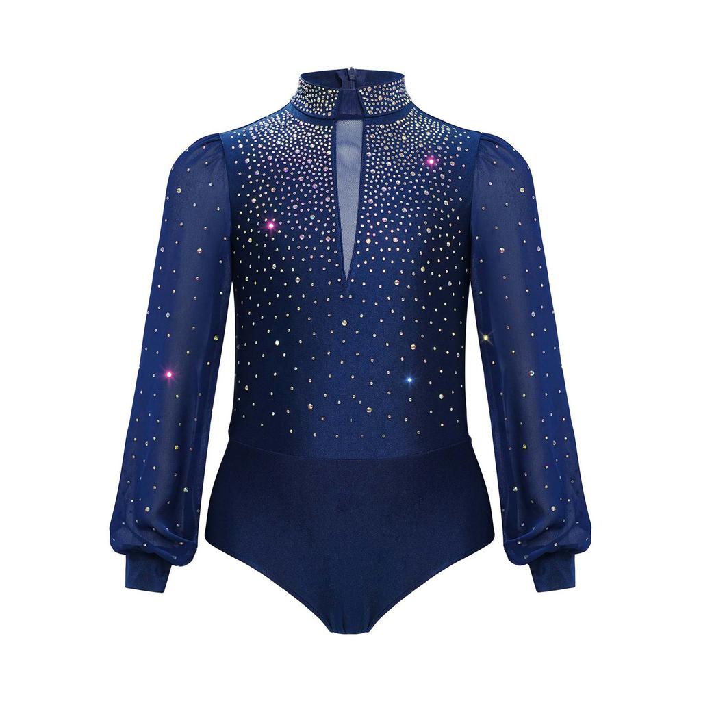 Body cu mâneci lungi și gât înalt, împodobit cu strasuri, cu capse la crotch și fermoar la spate, pentru patinaj artistic