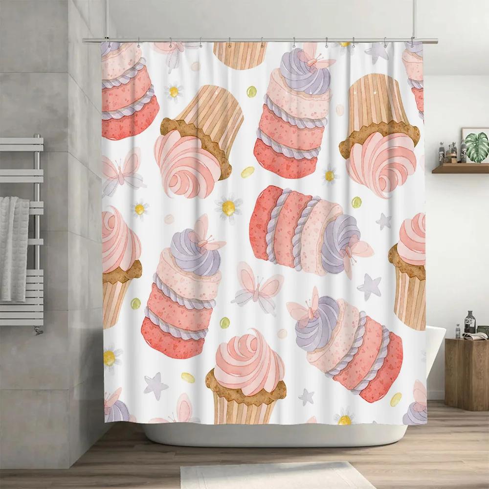 Whimsical Bakery Cupcake Watercolor Shower Curtain Pink Purple Cake Decorative Bathroom Fabric Cute Pastel Kitchen Sink Splash B