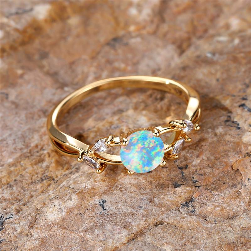 Boho Female White Round Fire Opal Stone Ring Cute Gold Color Summer Wedding Jewelry For Women