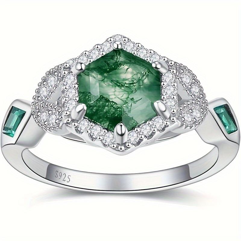 Classic 925 Sterling Silver Ring for Women Unique Natural Moss Agate Crystal Ring for Mom Birthday Engagement Gift