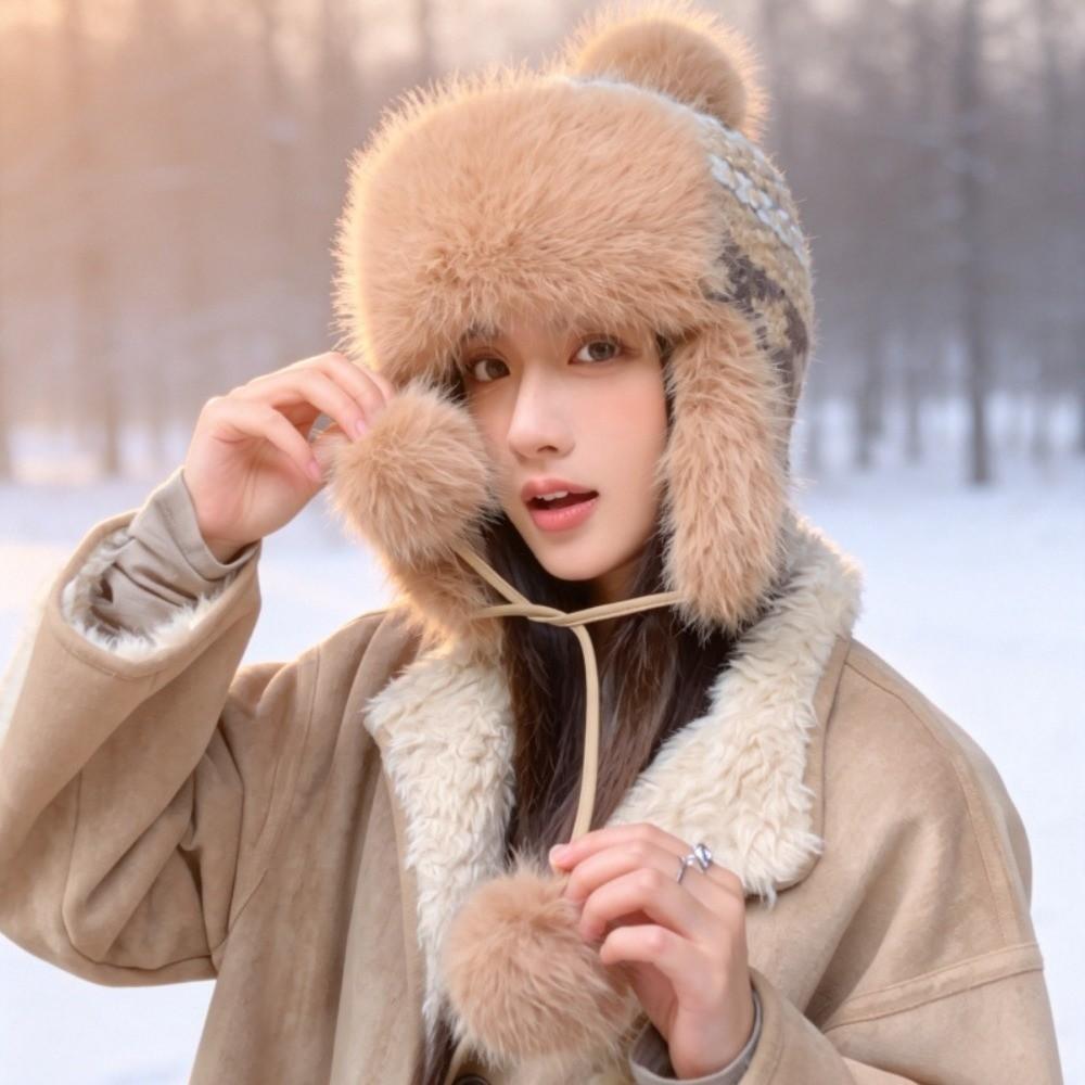 Pom Poms Knitted Trapper Hat 55-58cm Head Circumference Winter Hat Ushanka Hat Outdoor Activities