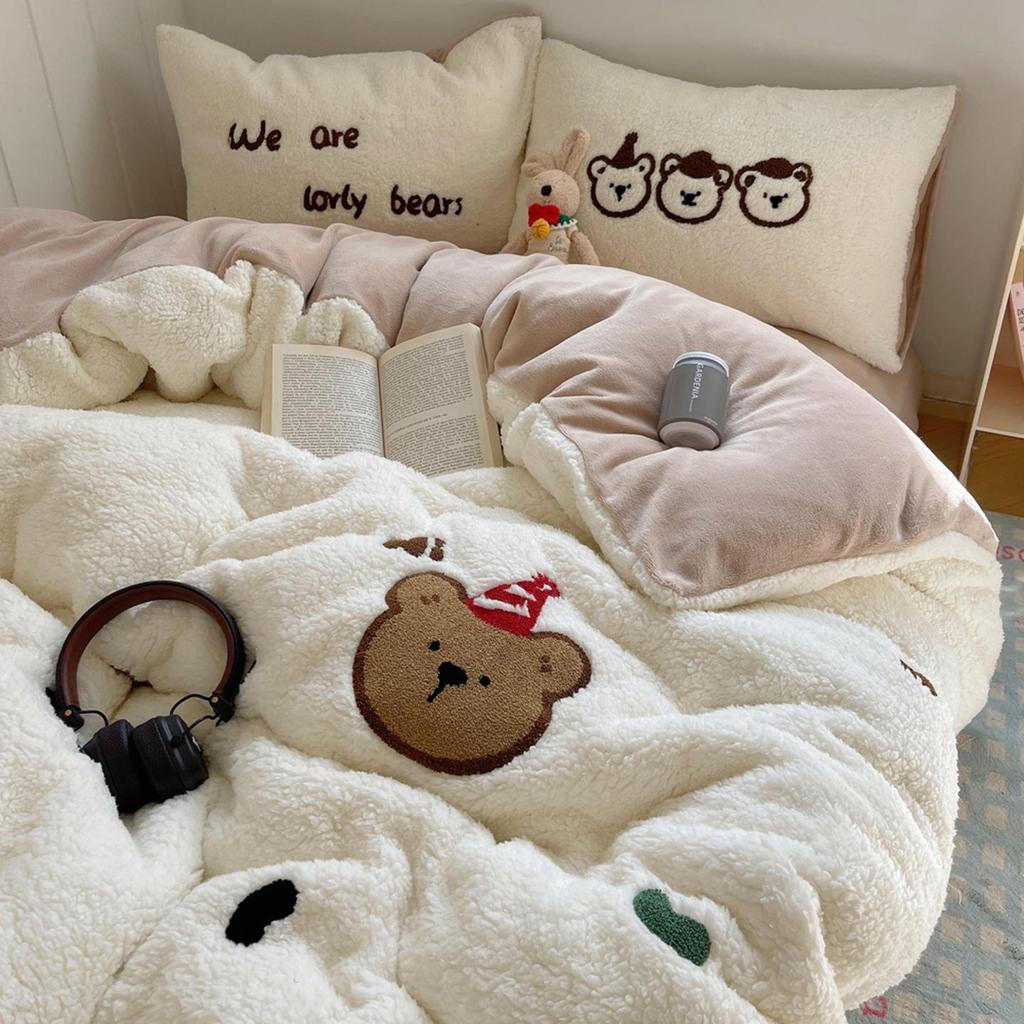 Cozy Kawaii Lambswool Fleece Embroidered Towel 4-Piece Set