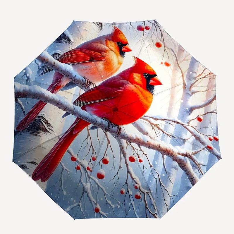 1pc Winter Cardinal Birds Auto-Folding Umbrella, Portable 3-Fold Design with 8-Bone Iron Frame, Outdoor for Fans, Travelers, Daily Use, Perfect Gift f