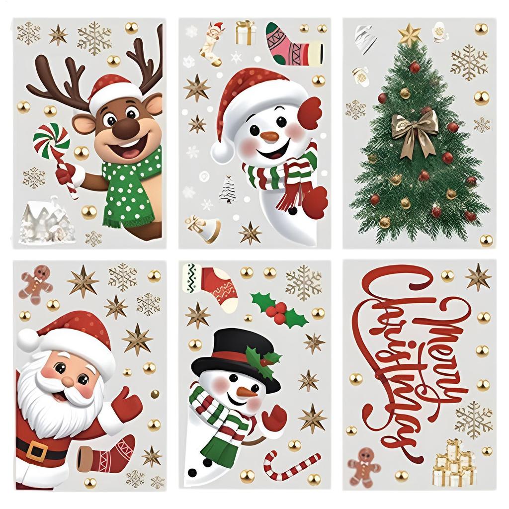 6PCS Christmas Window Stickers Snowflake Santa Claus Reindeer Tree Snowman Stickers Self-Adhesive Reusable Window Decals
