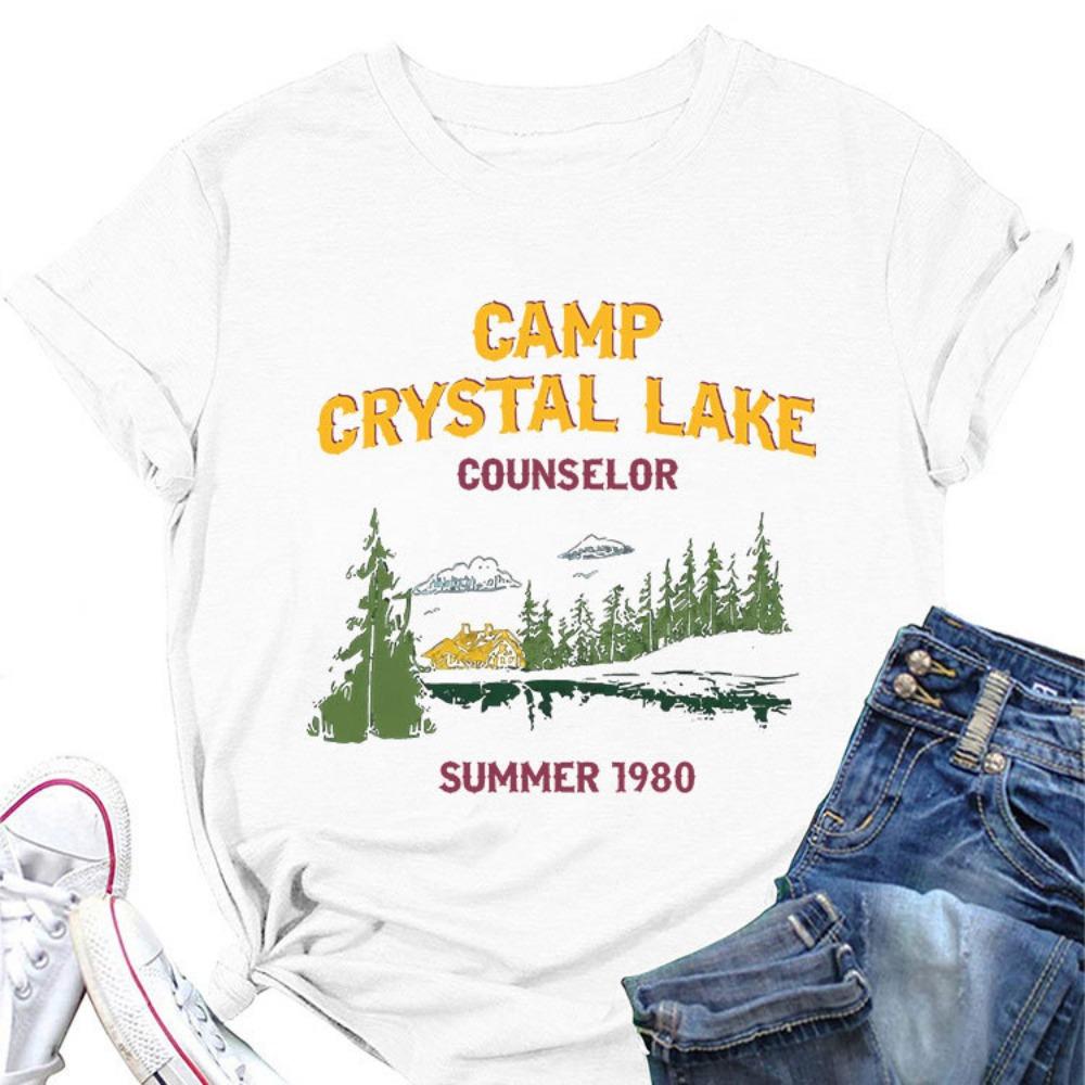Summer New Women's Short Sleeved T-shirt Camp Crystal Lake Print Loose Round Neck Casual Top Paired with All Fashionable Clothing