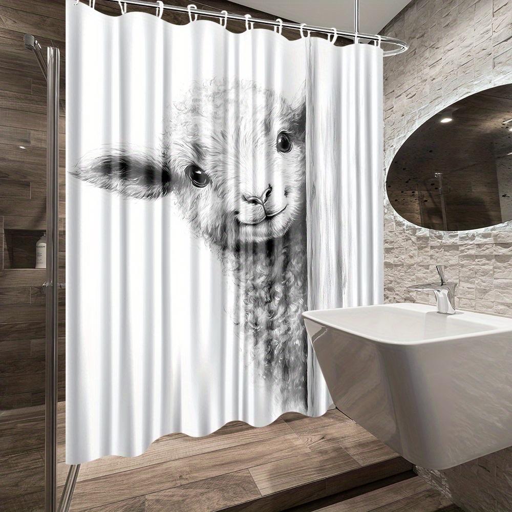 Adorable Lamb Shower Curtain - Cute Fluffy Sheep Peeking, Monochrome Style, Washable Polyester, Bathroom Or Garden Decor