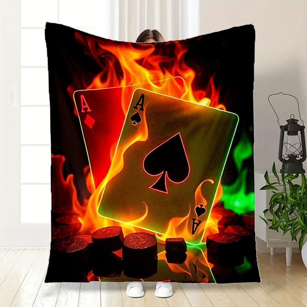 "Flaming Ace Playing Cards - Luxury Casino Deck with Fiery Design"Blanket Flannel Throw Blanket for Sofa, Bed, Travel, Camping, Office