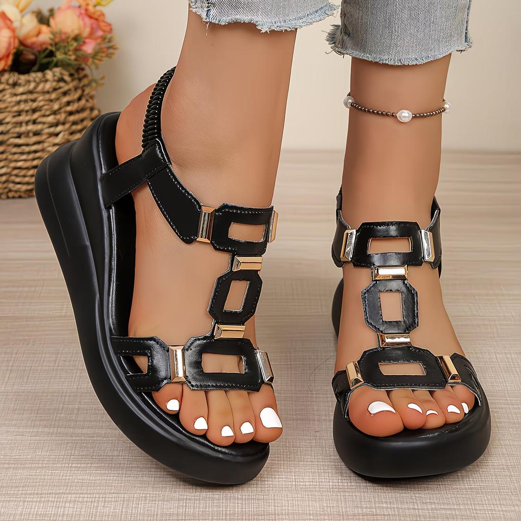 Square Hollow Women'S Wedge Sandals Solid Color Metal Decoration Comfortable Arch Support Open Toe Suitable for Summer Platform Sandals, Women Shoes