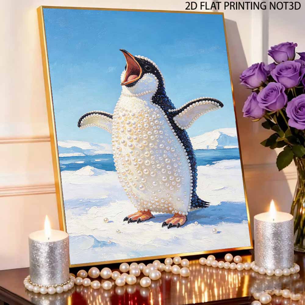 Sparkling Pearl Painting on Stretched Frame Cute Penguin Design DIY Bead Art Canvas Relaxing Hobby Gift for Craft Lovers Creative Decor