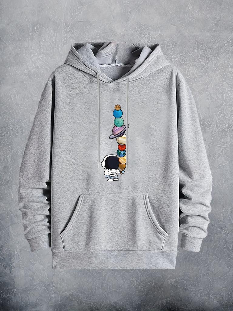 Men's  Hoodie with Cartoon Astronaut and Planets Print - Beige, Hip-Hop Style, Machine Washable, Hoodie Astronaut