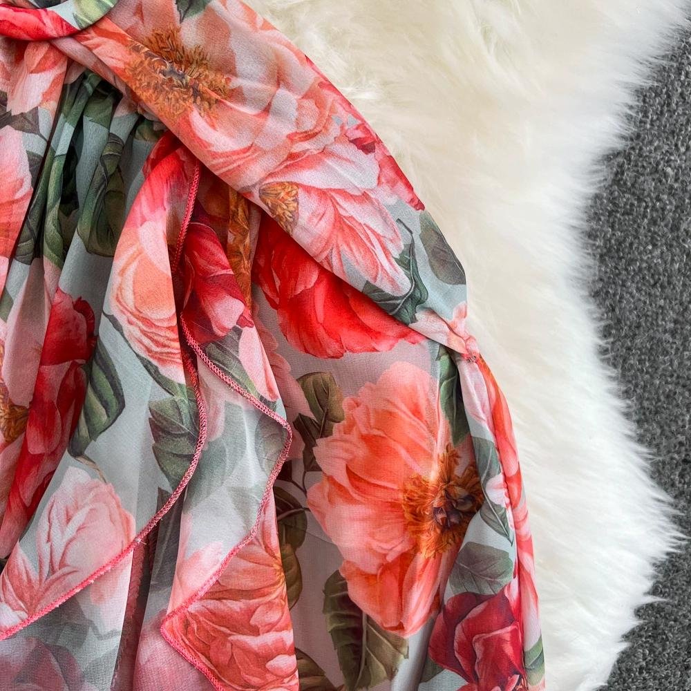 Robe longue style bohème pour femme, col en V, dos nu, taille haute, coupe trapèze, volants, imprimé, vacances en bord de mer