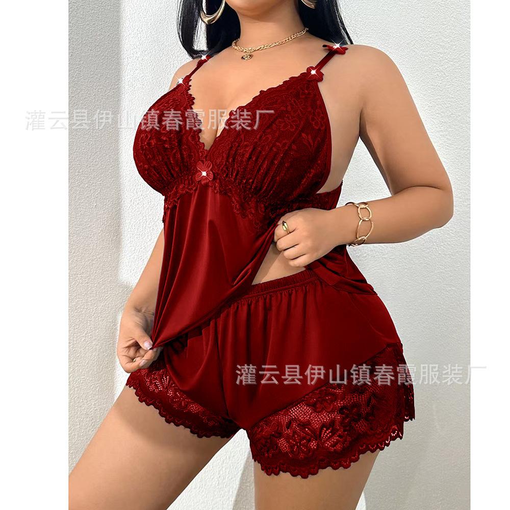 Large size lace sexy pajamas two-piece set sexy suspender shorts set pure loungewear
