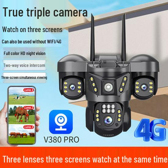 V380 Solar 4G Wireless HD Night Vision WiFi PTZ Battery Camera with Three Lenses