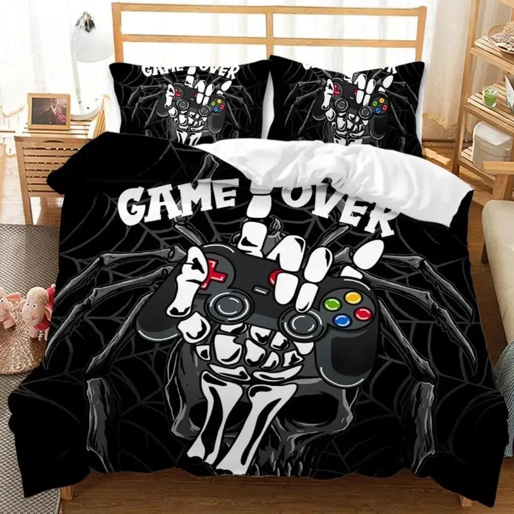 Gaming Duvet Cover Set Sugar Skull Gamer Bedding Spider Web Halloween Polyester Duvet Cover Kids Juvenile Hand Skeleton Gamepad