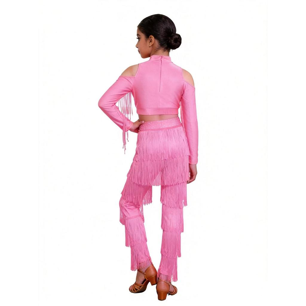 Set de pantaloni cu franjuri pe straturi pentru fete Talie elastică Crop top cu strasuri strălucitoare Ținută Latină