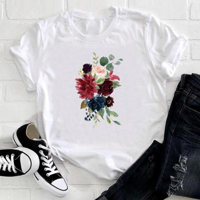 (Asian Size) Tee Top Women Watercolor Flower Lovely Trend Cute Print Lady Clothing Casual Short Sleeve Fashion Tshirt  Female Graphic T-shirt