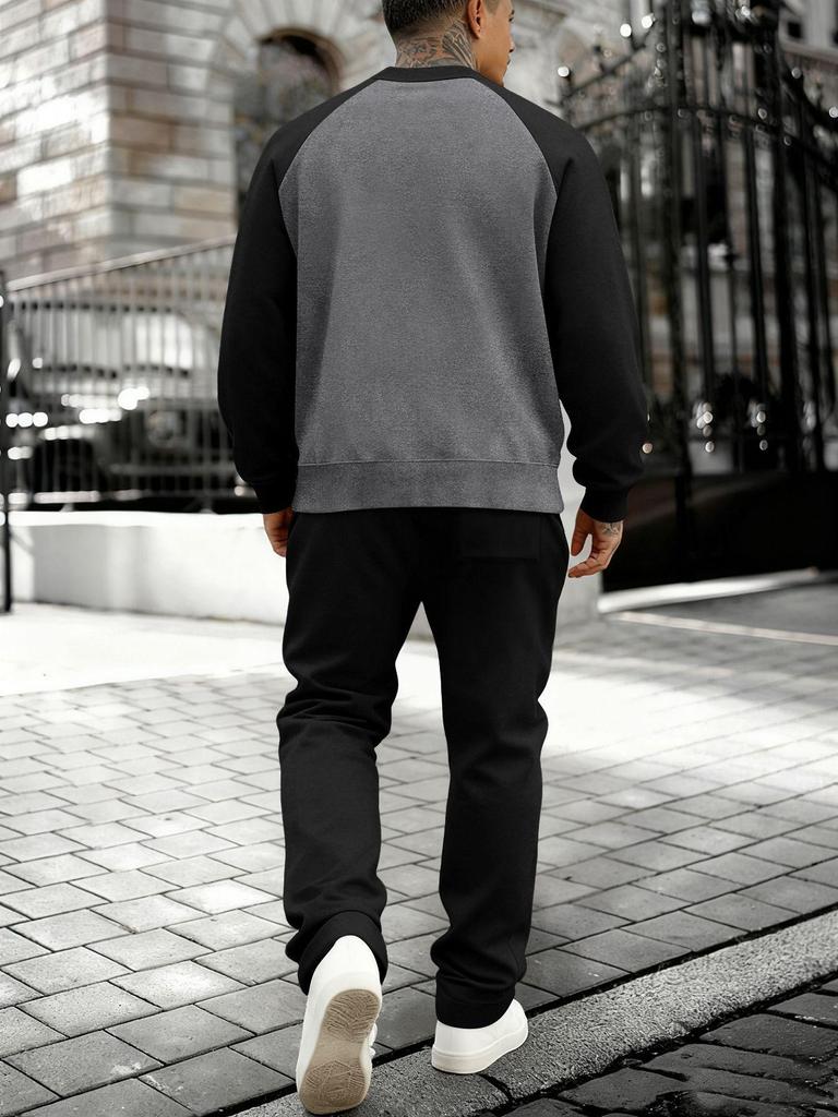 Plus Size Men's Fleece Sports Set: Loose Round Neck Sweatshirt & Running Suit
