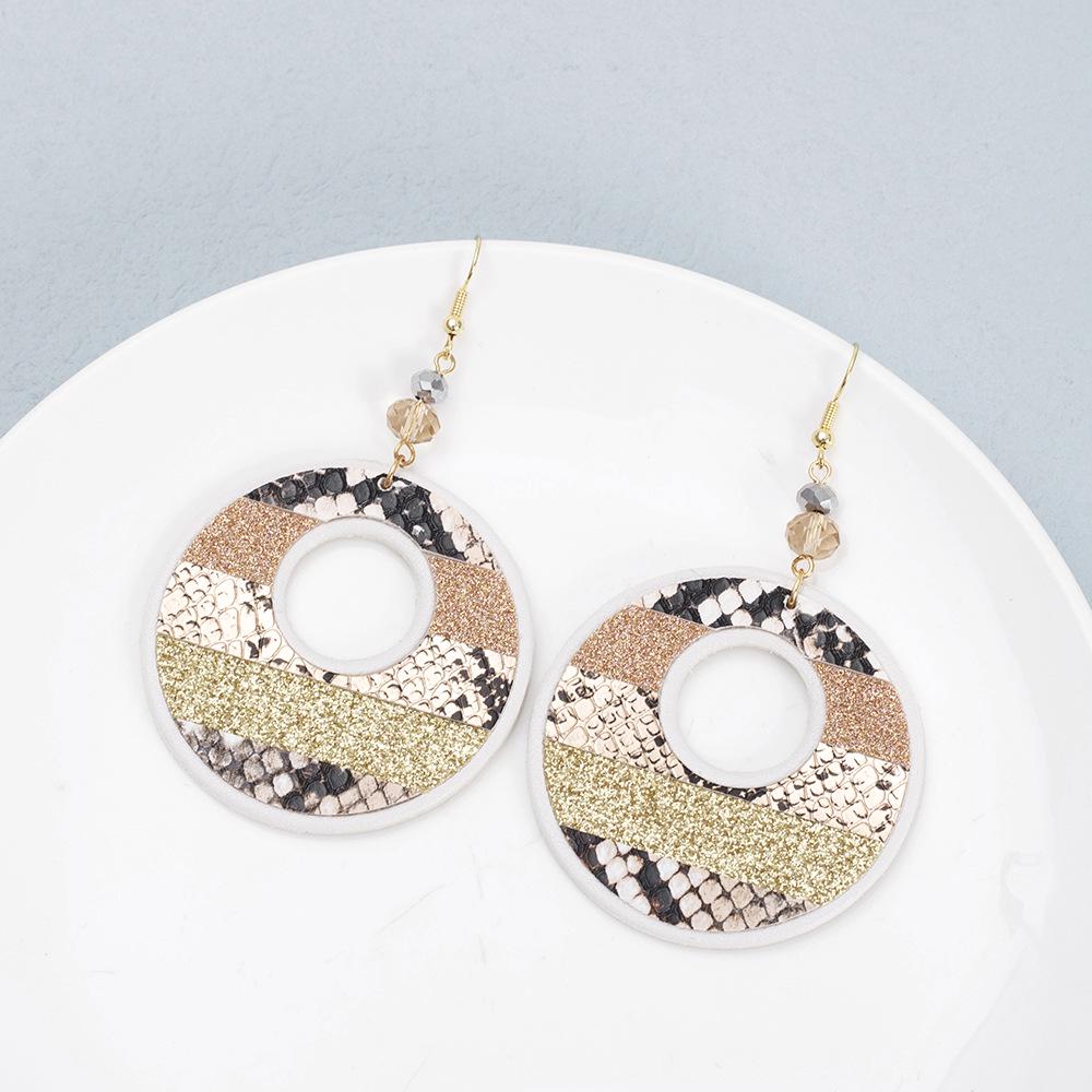 Women's Snakeskin Pattern Color Block Leather Earrings with Exaggerated Design and Round Hollow Water Drop Style