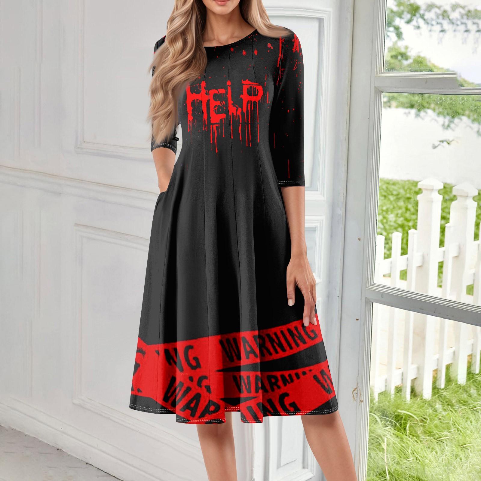 

Женское повседневное модное миди-платье с круглым вырезом, рукавом три четверти и принтом на Хэллоуин S