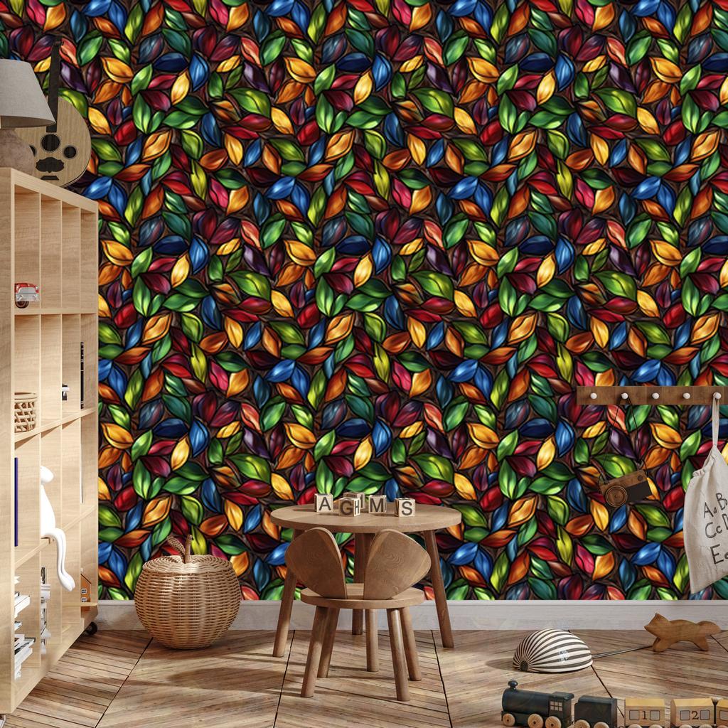 Burgundy, rust and navy blue stained glass wallpaper for living room and bedroom 50x1000