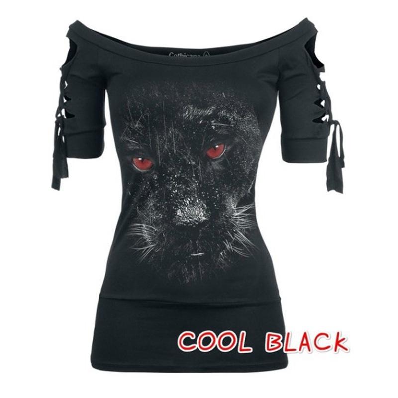 Stylish Women's Fashion Skull Printed Cool Black T-shirt Plus Size Slash Slit Tops