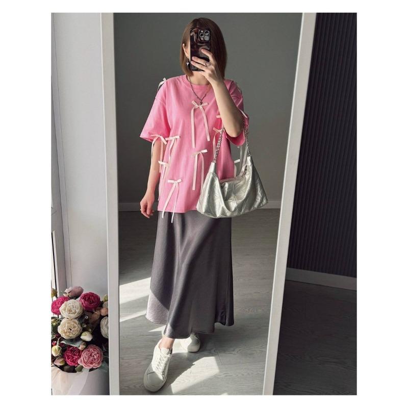 Summer New Design Three-dimensional Bow Decoration Versatile Mid-length T-shirt for Women