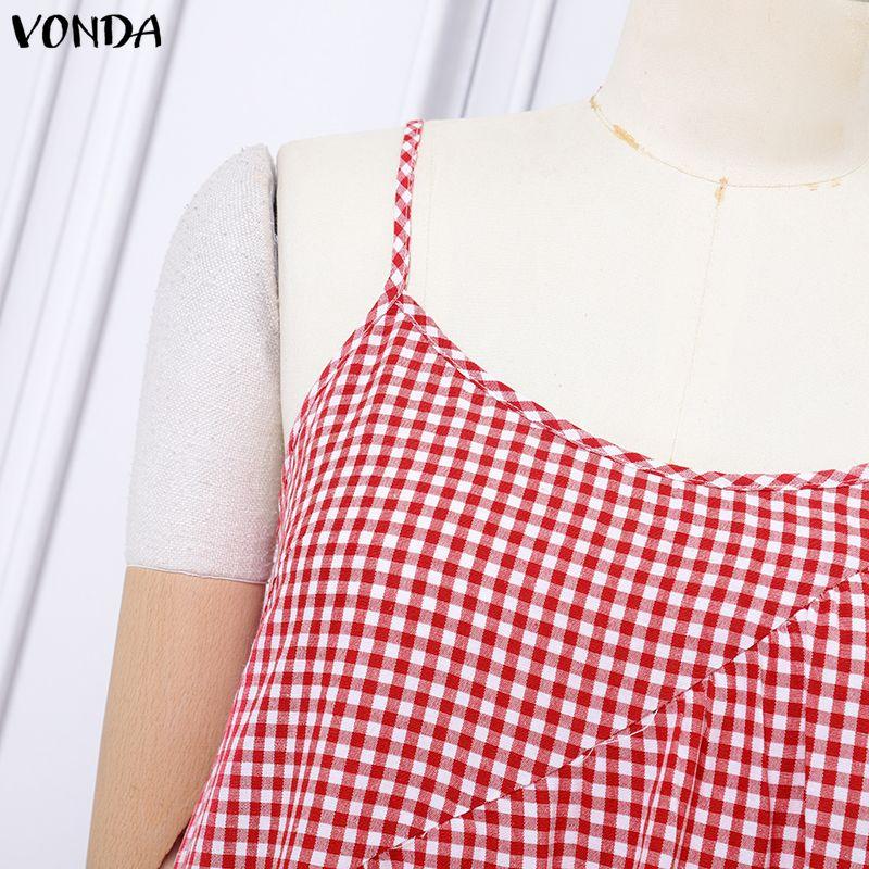 VONDA Summer Women Sleeveless Strap Plaid Print Casual Long Dress Sundress