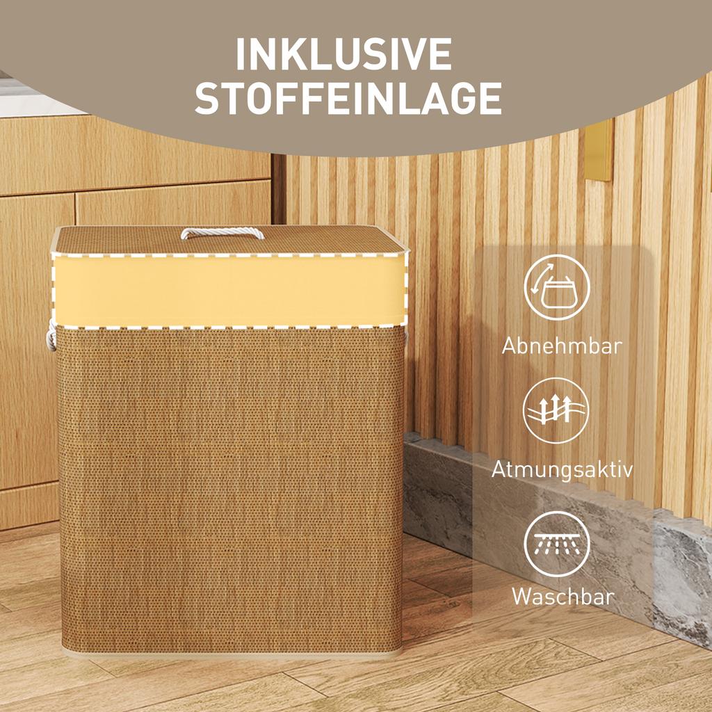 2 Section Laundry Basket with Lid, 100L Bamboo Laundry Hamper with Handles, Removable and Washable Liner, Brown