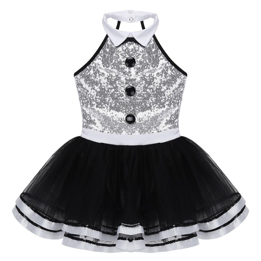 Mädchen Ärmellos Glänzend Pailletten Zierknöpfe Ballett Tanz Gymnastik Turnanzug Mesh Tutu Kleid Moderner Tanz