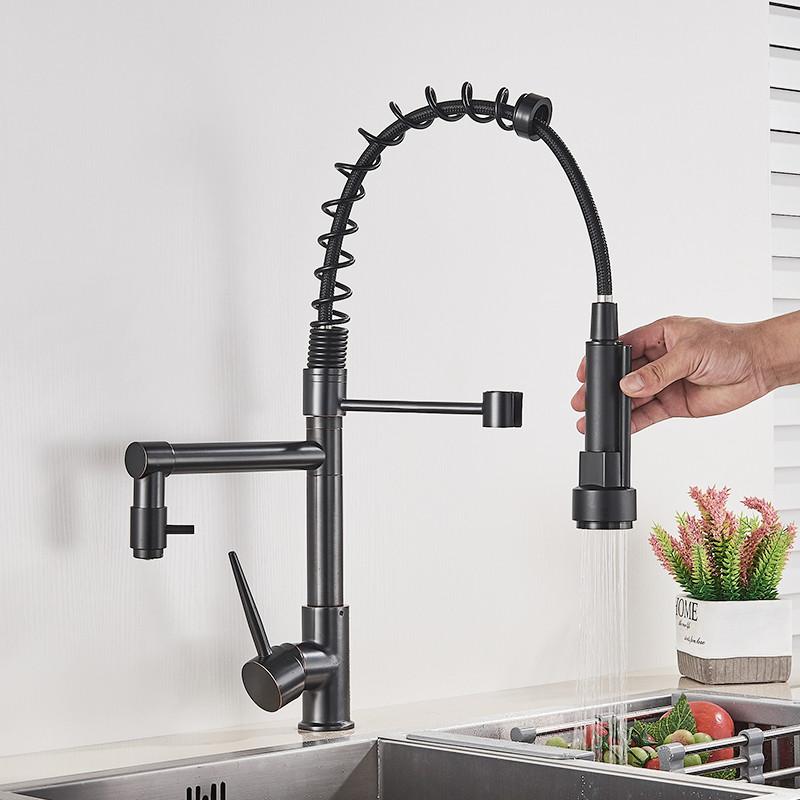 Rubinetto da Cucina Rozin Nero e Oro Rosa a Molla Estraibile Miscelatore Acqua Calda e Fredda Rubinetto a Cascata con Doppia Uscita Montaggio su Lavello