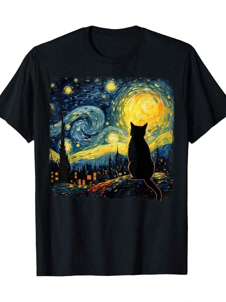 Van Gogh Starry Night Cat Lover TShirt 100 Cotton Breathable Casual Sportswear