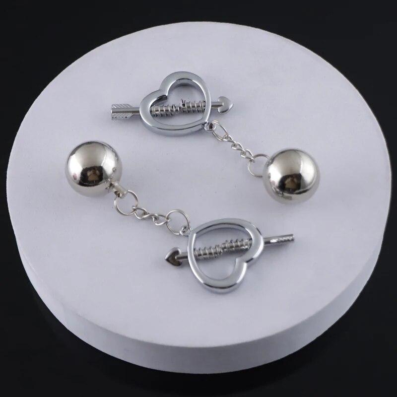 BDSM Women's Breast Clip Metal Heart-shaped Nipple Clamps With Gravity Ball Weight Pendant Breast Traction Stimulator Adult Toys