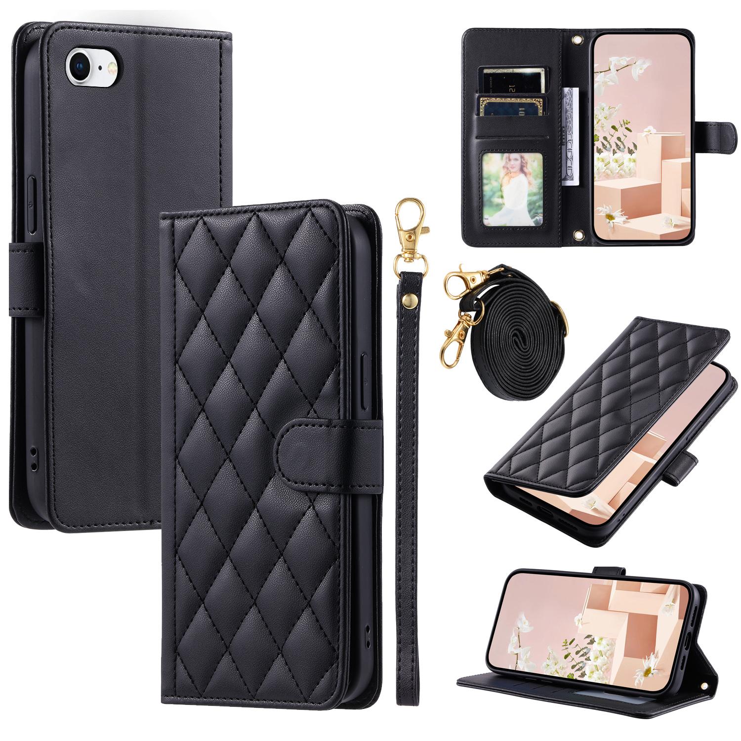 

For iPhone 6/6s/7/8/SE (2020)/SE (2022) Case PU Leather Wallet Cover with 2 Straps Black