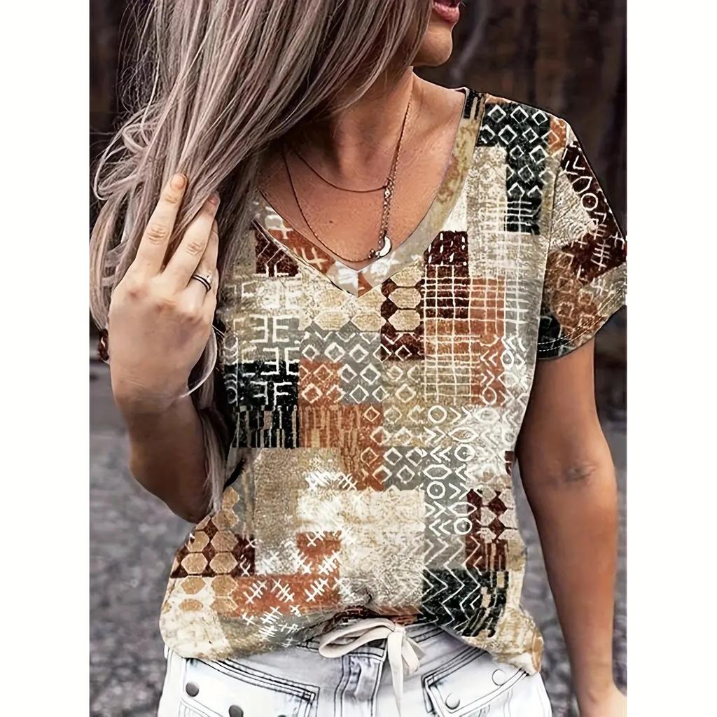 S-8XL Plus Size T Shirt For Women Vintage Ethnic Print Casual V Neck Short Sleeve Tops Tees Summer T-Shirt Oversized Clothing