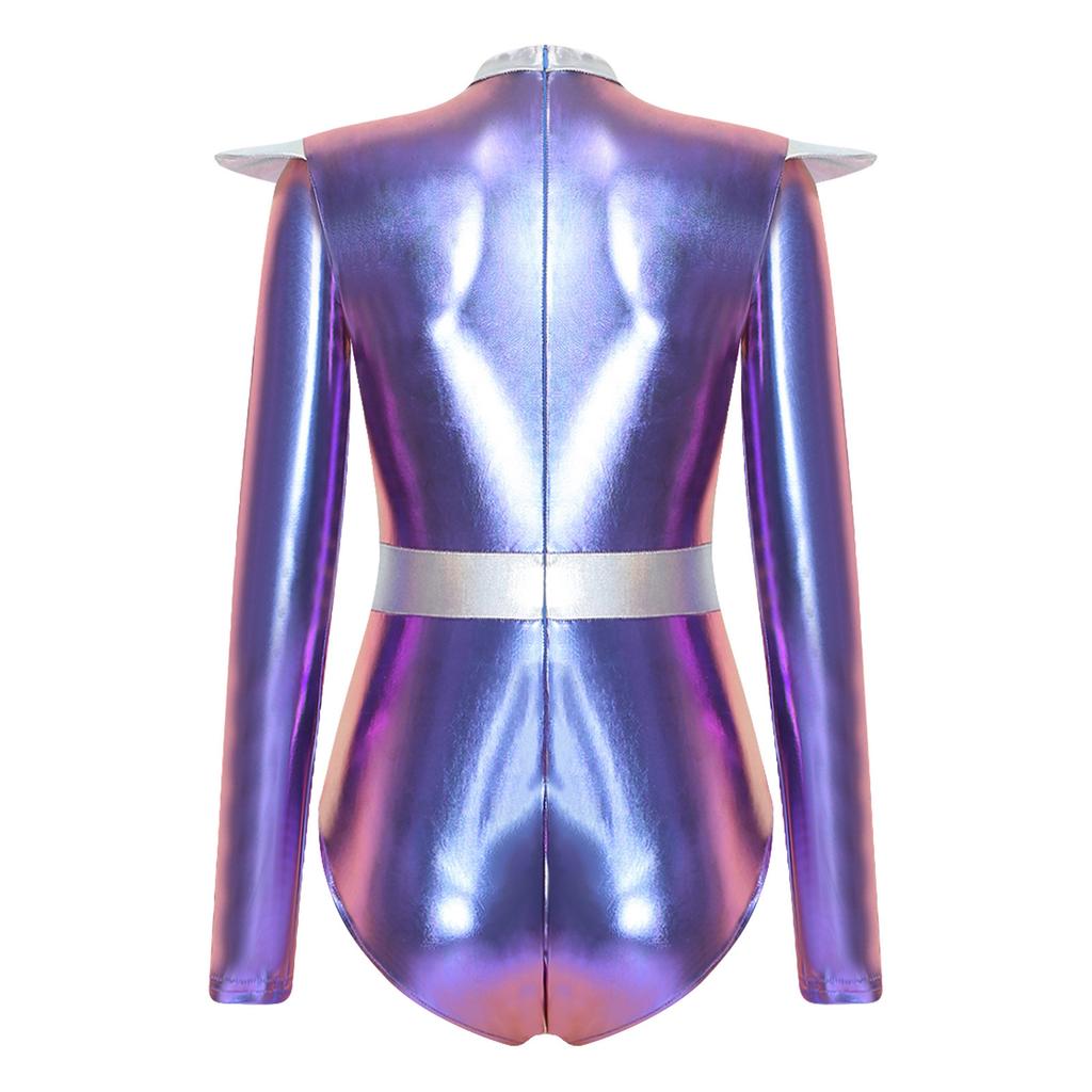 Rollkragen Langarm Metallisch Farbblock Body Unsichtbarer Reißverschluss Hinten Trikot Damen Alien Cosplay Bühnenperformance Kostüm