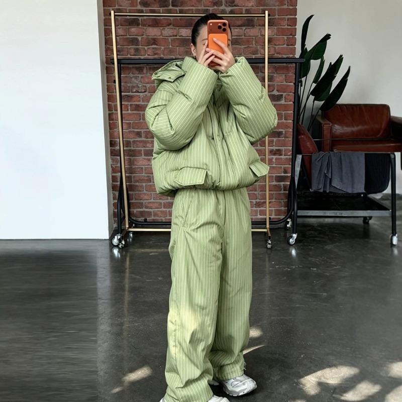 Vertical striped hooded cotton suit set thick warm loose bread suit trousers winter women's clothing