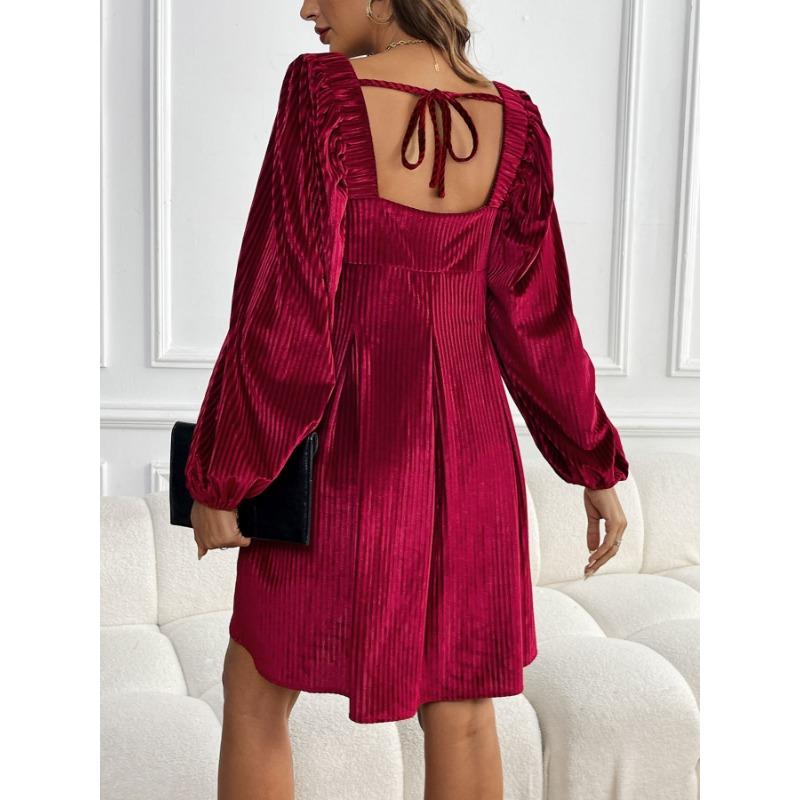 VEZFAA Women's Fashion Spring Fall Solid Color Print Long Sleeve Square Collar Loose Waistline Casual Dresses