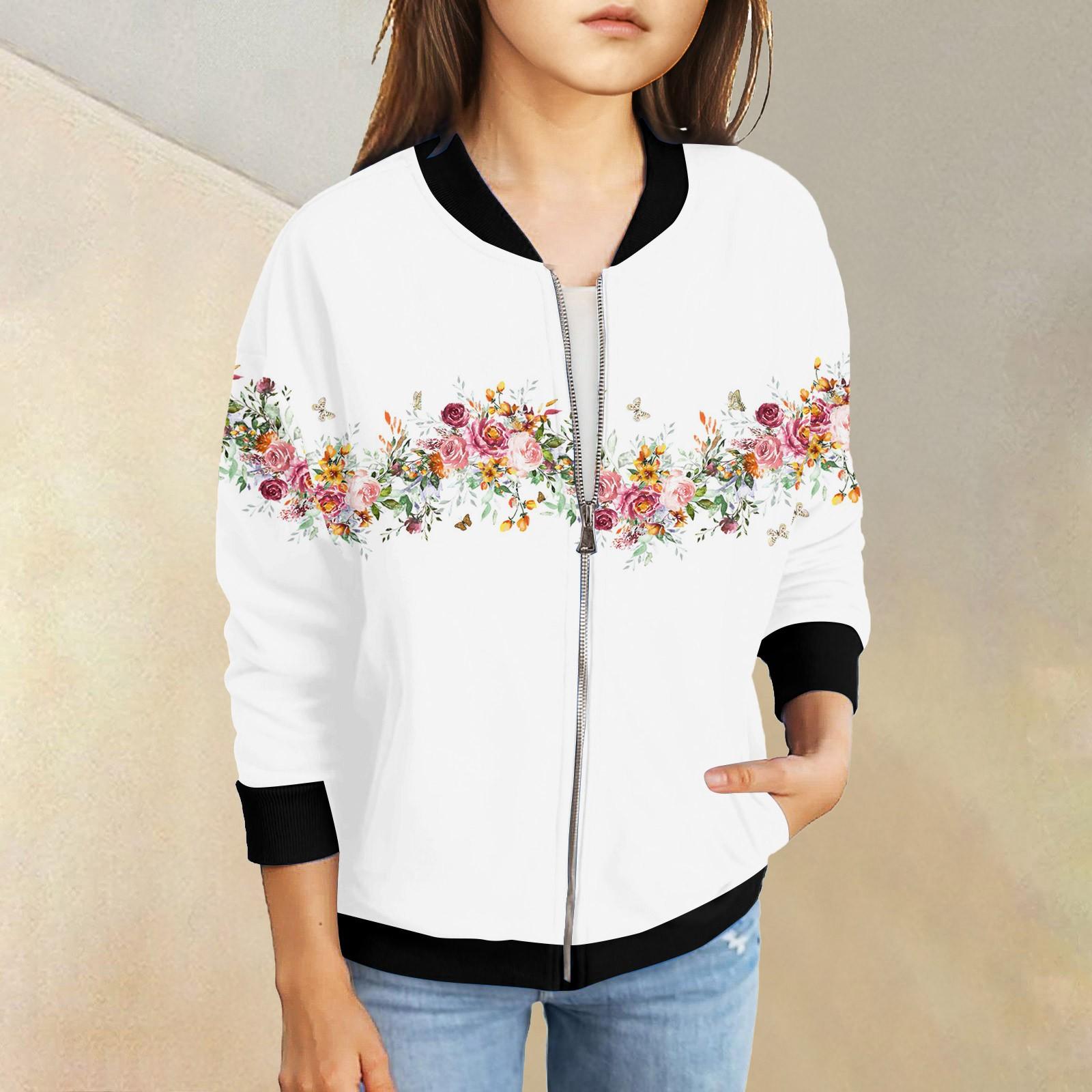 

Куртки на блискавці для дівчаток, дитячі осінні світшоти з довгими рукавами, верхній одяг із кишенями 5-15 років 160 білий