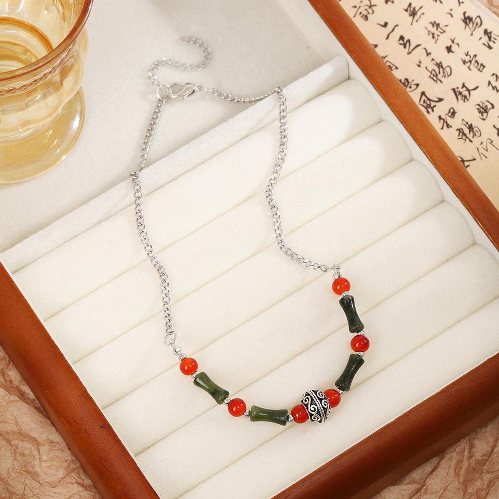 Retro Ethnic Style Coffee Color Beaded Necklace, Guochao Ancient Style Light Luxury Rice Beads Love Bamboo Collarbone Chain