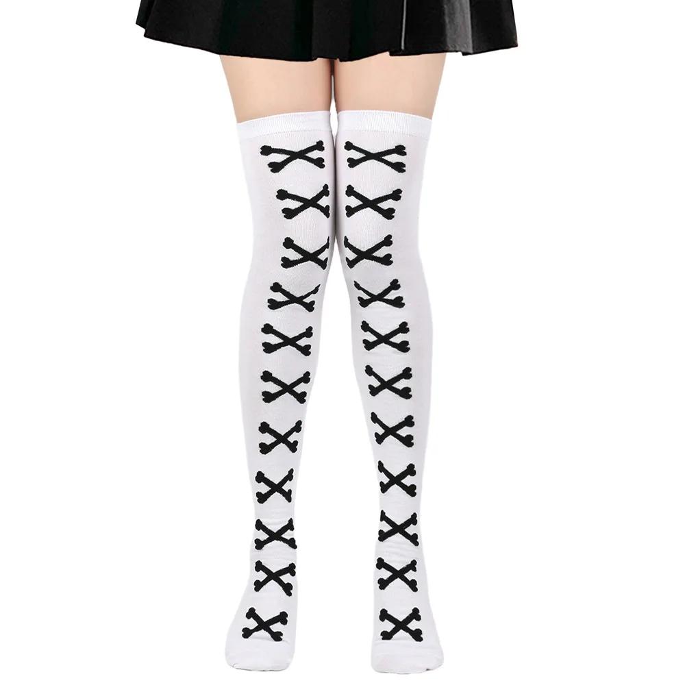 Oberschenkelhohe Socke Damenstrümpfe Knochen Damen Halloween Schwarz Weiß Rosa Gestreift Lang Über dem Knie Socke Lustig Cosplay Harajuku