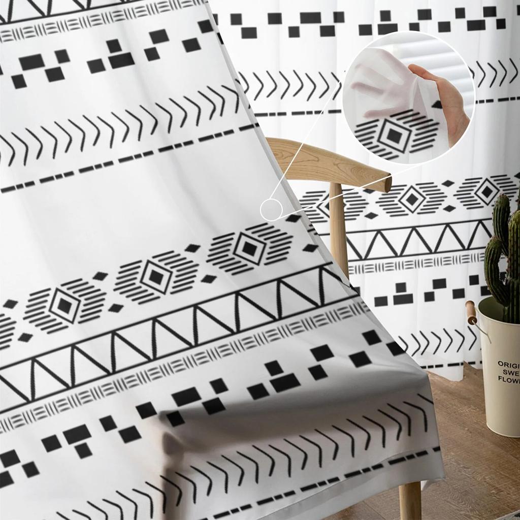 Vintage Lines Hand-drawn Textures Bedroom Transparent Sheer Curtains Holiday Decoration Window Voile Tulle Curtain