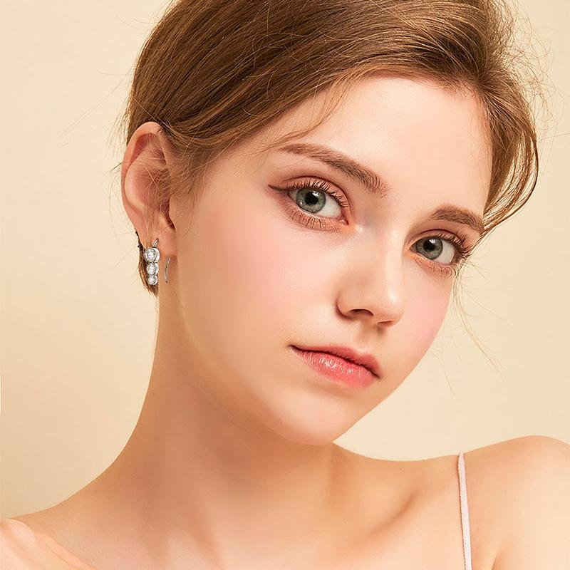 Three Stone Lab Diamond Earrings 925 Sterling Silver Climber Earring Round Bezel Moissanite Stud Earrings for Women