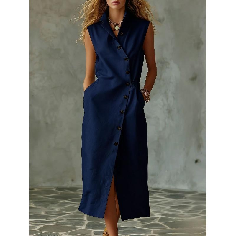 QICED Fashion Summer Spring Solid Color Print Sleeveless Casual Dresses