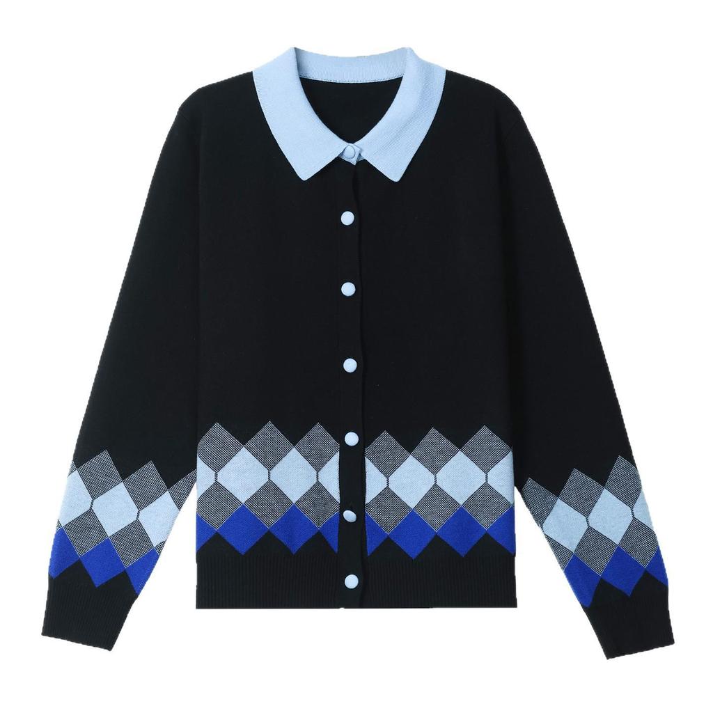 Women's Color-Block Lapel Knit Cardigan: Long-Sleeve, Slimming, Versatile, High-End Single-Breasted Wool Sweater.